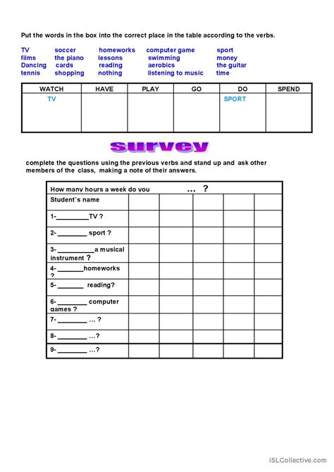 free time activities survey Deutsch DAF Arbeitsblätter pdf doc