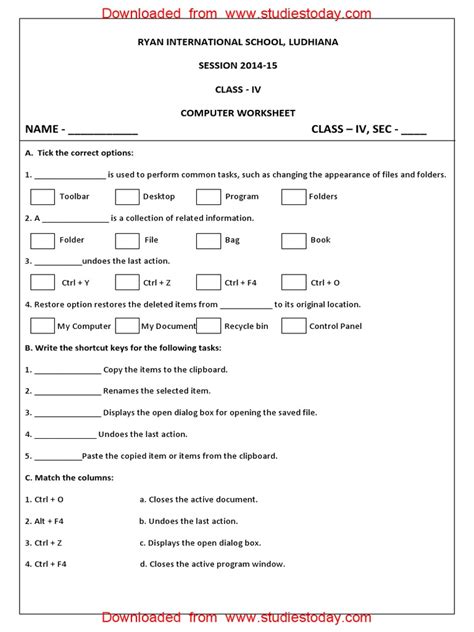 Computer Worksheet For Class 4 Operating System Technology Ibm Pc Compatibles