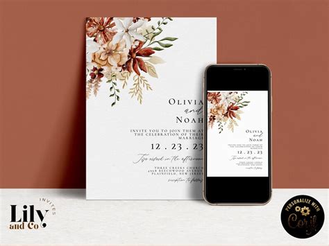 Terracotta Wedding Invitation Template Set Boho Floral Wedding Invite