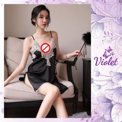 Jual Violet Set Lingerie G String Model Satin Lace Baju Tidur Renda