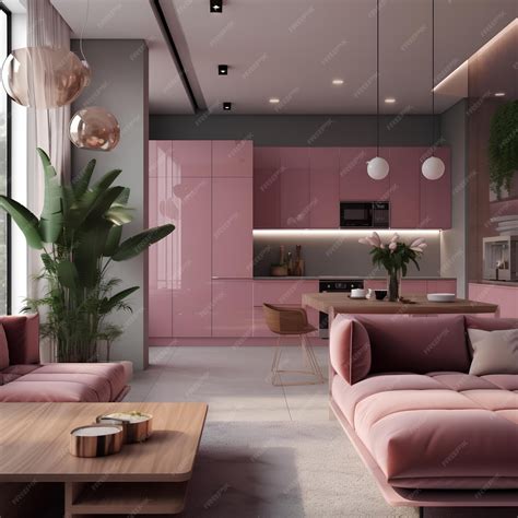 Premium AI Image | Kitchen interior in pink colors in modern house