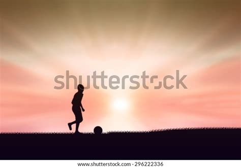 Silhouette Children Playing Soccer Background Sunset Stock Illustration