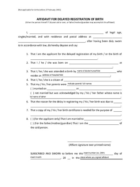 Affidavit Of Delayed Registration Of Birth Fill And Sign Printable Template Online Us Legal