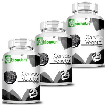 Kit 3 Carvão Vegetal Ativado Puro 500mg 180 Cápsulas Bionutri