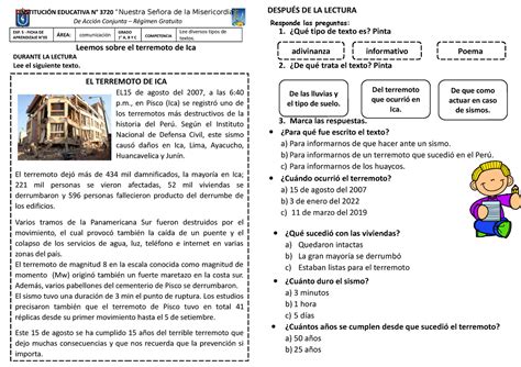 Ficha DE Pcomunicación N 5 Leemos sobre el terremoto de Ica DURANTE