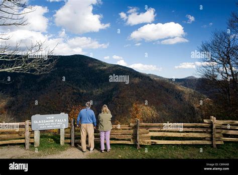 Couple At Glassmine Falls Overlook Blue Ridge Parkway Near Asheville North Carolina Usa