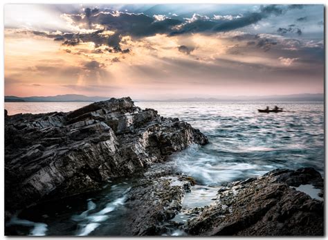 Fond D Cran Le Coucher Du Soleil Mer Baie Roche Rive Ciel Des