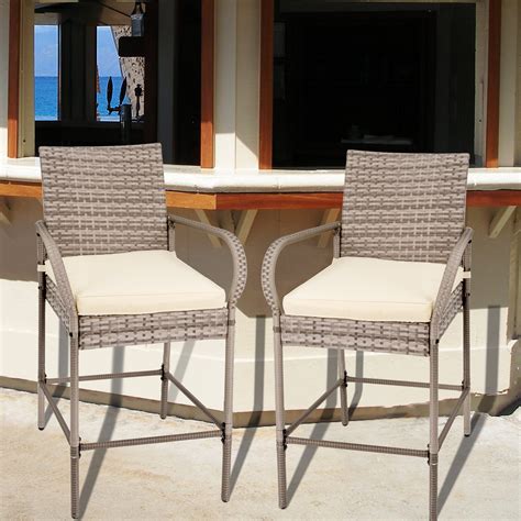 Prime Garden Set Of 2 Outdoor Rattan Bar Stools With White Cushion For