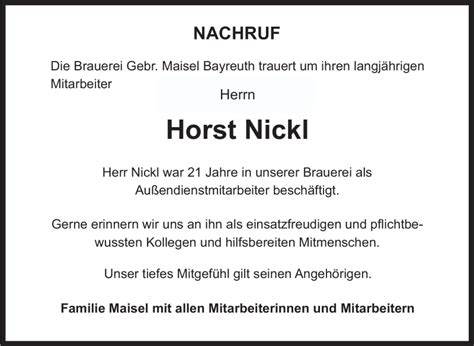 Traueranzeigen Von Horst Nickl Nordbayerischer Kurier