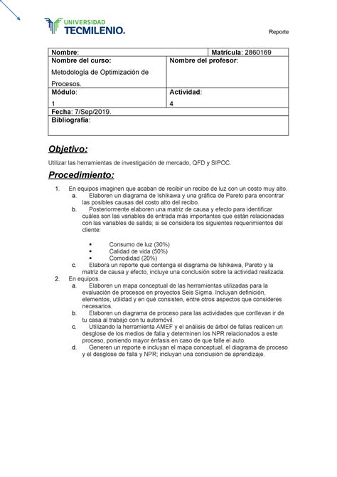 Actividad 4 1 Metodologia De Optimizacion De Procesos StuDocu