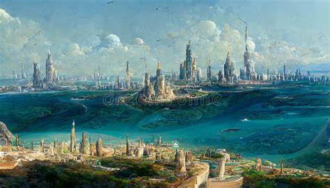 Atlantis. a Fantastic City with a Beautiful Landscape Stock Illustration - Illustration of ...