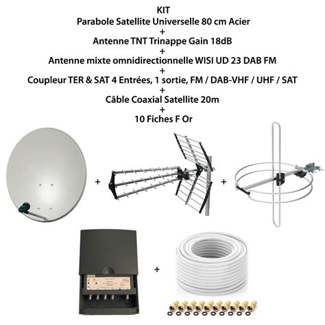 Kit Parabole Sat 80cm Antenne Tnt Antenne Omni Dab Fm Coupleur 4