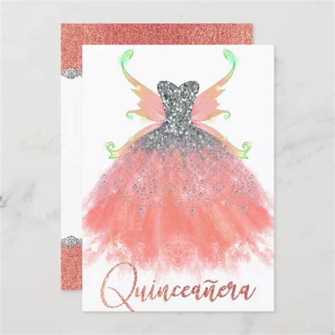 Fairy Wing Gown Coral Mint Sparkle Luxury Glam Invitation Zazzle