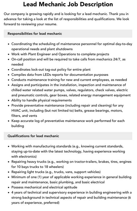 Lead Mechanic Job Description Velvet Jobs