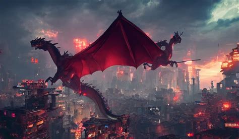 Dragon Flying Above A Cyberpunk City In Ruins Close Stable Diffusion