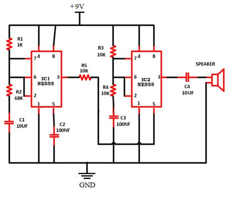 使用555定时器的警笛电路图 电子发烧友网