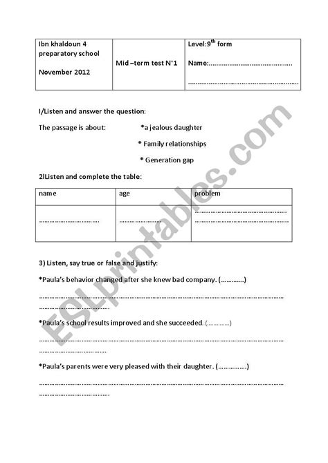 Th Form Test Esl Worksheet By Lamiamejri