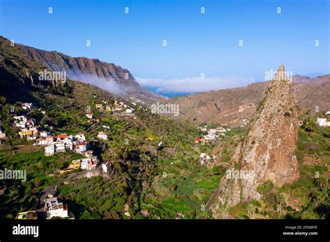 Spain Hermigua Drone View Of Roques De San Pedro And Small Town In