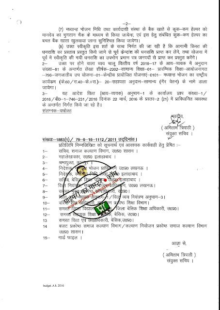 वित्तीय वर्ष 2016 17 में कुक कम हेल्पर रसोइया सह सहयोगी के मानदेय मद की चतुर्थ किश्त निर्गत