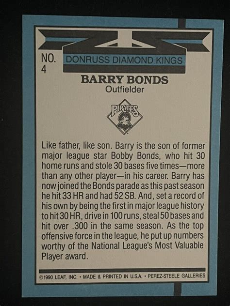 Barry Bonds 1990 Donruss Diamond Kings #4 Card | eBay