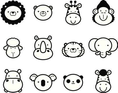 Icon Set Cute Zoo Animals In Black And White Stock Illustration ...