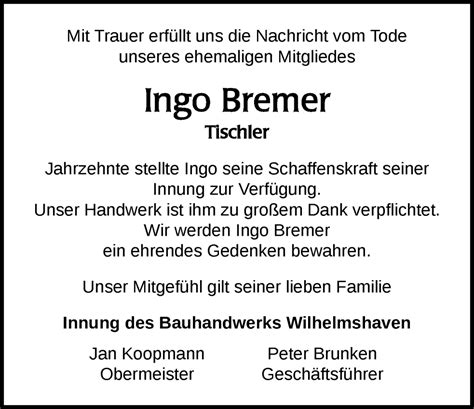 Traueranzeigen Von Ingo Bremer Nordwest Trauer De