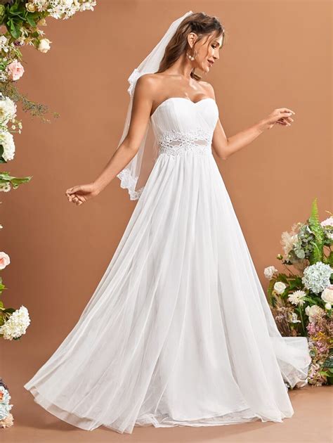 Contrast Guipure Lace Mesh Tube Wedding Dress Without Veil Shein Uk