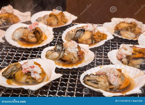 Seafood Grill Street Food In Tsukiji Fish Market Tokyo Japan Stock