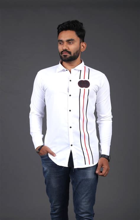 White Mens Printed Polycotton Lining Shirt Casual Full Sleeves At