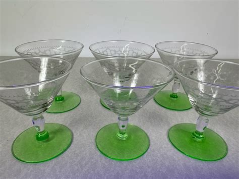 Vintage Etched Footed Stemware Glasses Uranium Vaseline Glass Green Foot 3 78h 6 Glasses