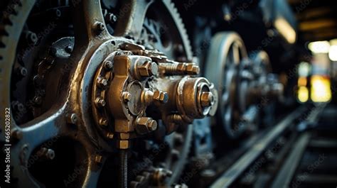 Old steam train locomotive wheels close up view. AI generated image Stock Illustration | Adobe Stock