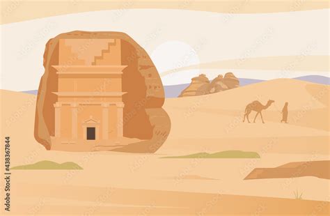 Vektorová Grafika „saudi Arabia Desert Landscape With Ancient Tombs Of Al Ula Hegra Ancient