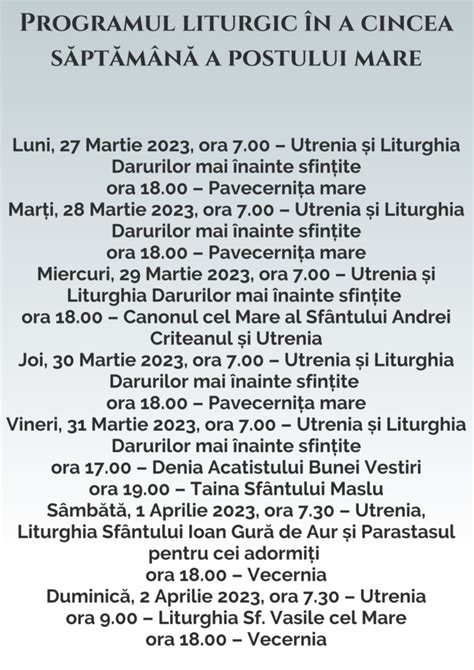 Programul liturgic în a cincea săptămâna a Postului Mare Biserica