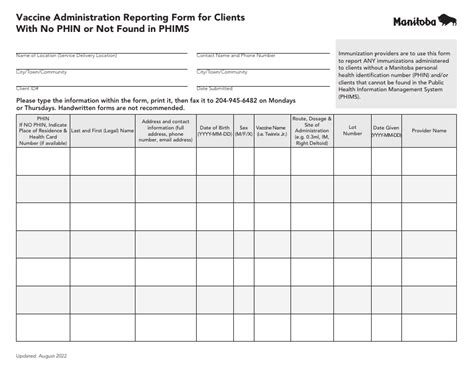 Manitoba Canada Vaccine Administration Reporting Form For Clients With