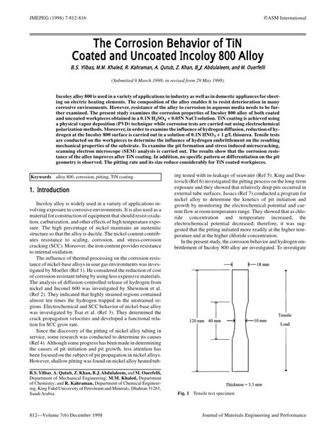 Pdf The Corrosion Behavior Of Tin Coated And Uncoated Incoloy 800 Alloy