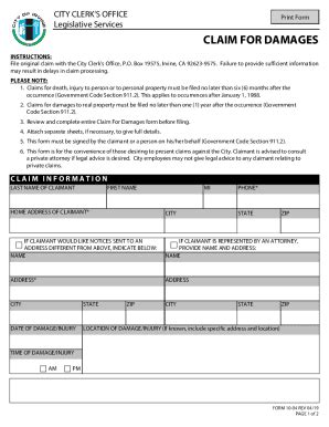 Fillable Online Legacy Cityofirvine Claim For Damages Fax Email Print