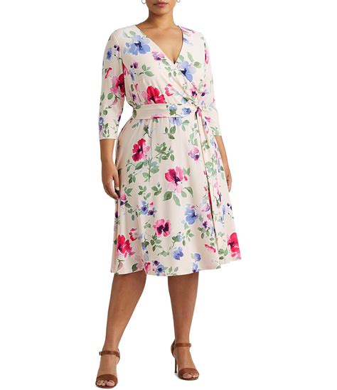 Lauren Ralph Lauren 3 4 Sleeve Surplice V Neck Floral Jersey A Line