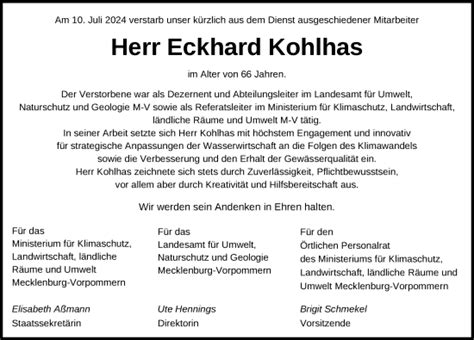 Traueranzeigen Von Eckhard Kohlhas Trauer Nordkurier