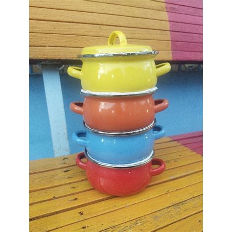 Jual Panci Enamel Rainbow 14cm Susun 4 Warna Polos Oren Biru Kuning