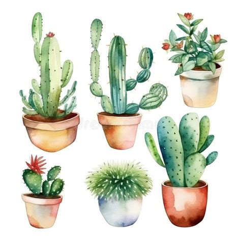 Cactus Watercolor Cacti Plant Hand Drawn Illustration On White