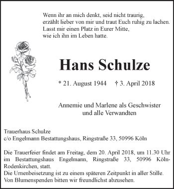 Traueranzeigen Von Hans Schulze Wirtrauern