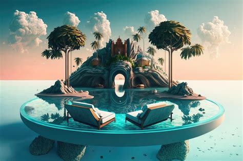 Premium AI Image A Surreal Float Island With A Crystal Clear Pool And