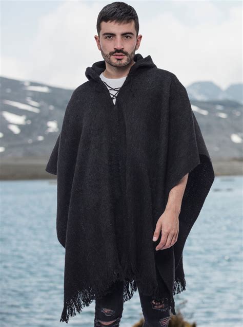 Hooded Black Poncho For Men Gamboa