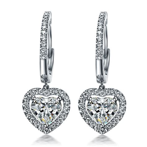 Romantic 1 5ct Piece Sterling 925 Silver Earrings Heart Shape Synthetic Diamonds Dangle Earrings