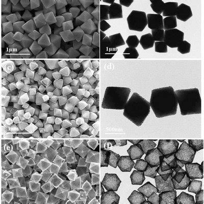 SEM image, and b) TEM image of the Cu2O templates. c) SEM image and d ...