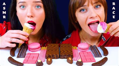 ASMR CHOCOLATE DESSERT RACE EATING CHOCOLATE ICE CREAM MACARON POCKY