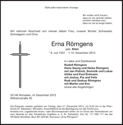 Traueranzeigen von Erna Römgens Aachen gedenkt