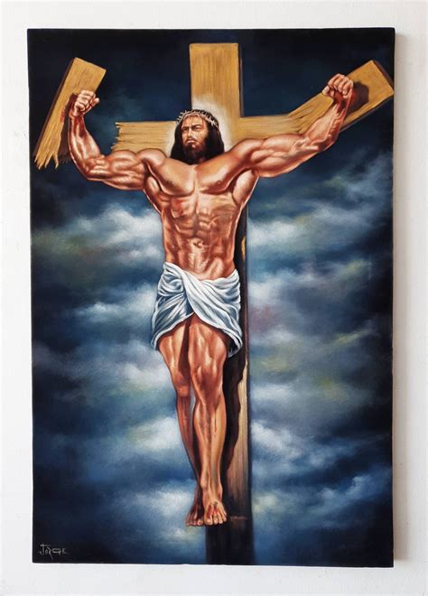 Muscle Jesus On Cross Original Oil Painting On Black Velvet Etsy