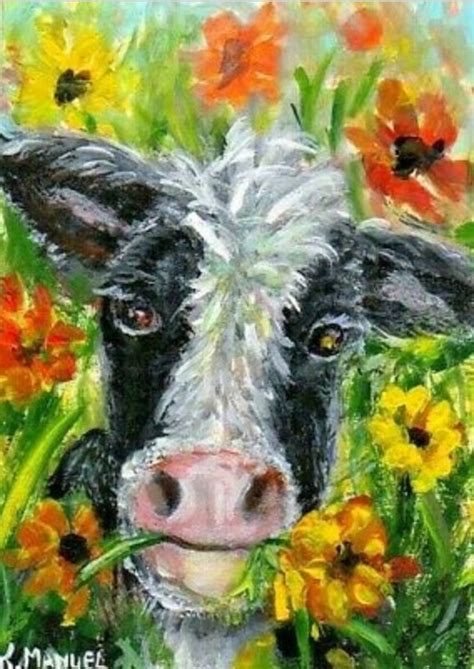 Aceo Miniature Art Sweet Daisy Cowflowers Animal Country By K