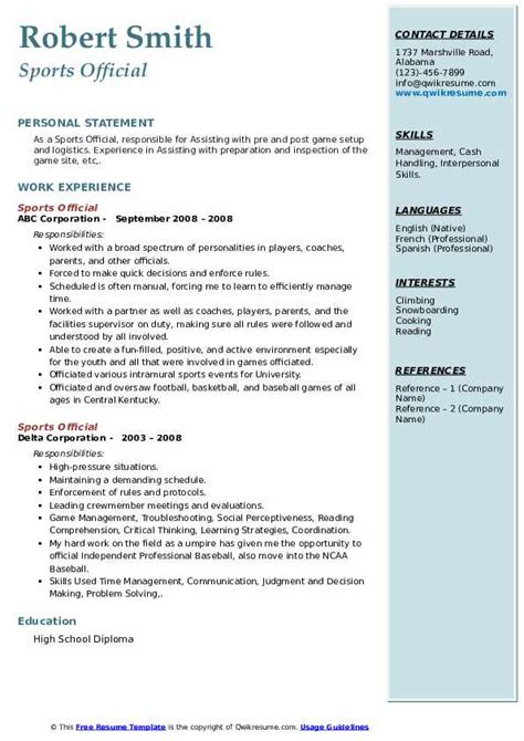 Sports Official Resume Samples Qwikresume